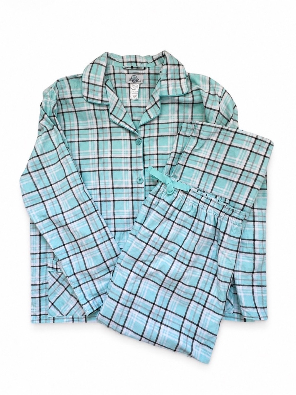 Global Brand Plaid Flannel Pajama Set XXL Aqua Blue Long Sleeve Pants Cotton
